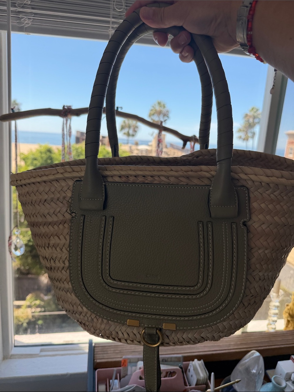 Chloe Olive Green Woven Marcie Small Basket Tote Beach Bag